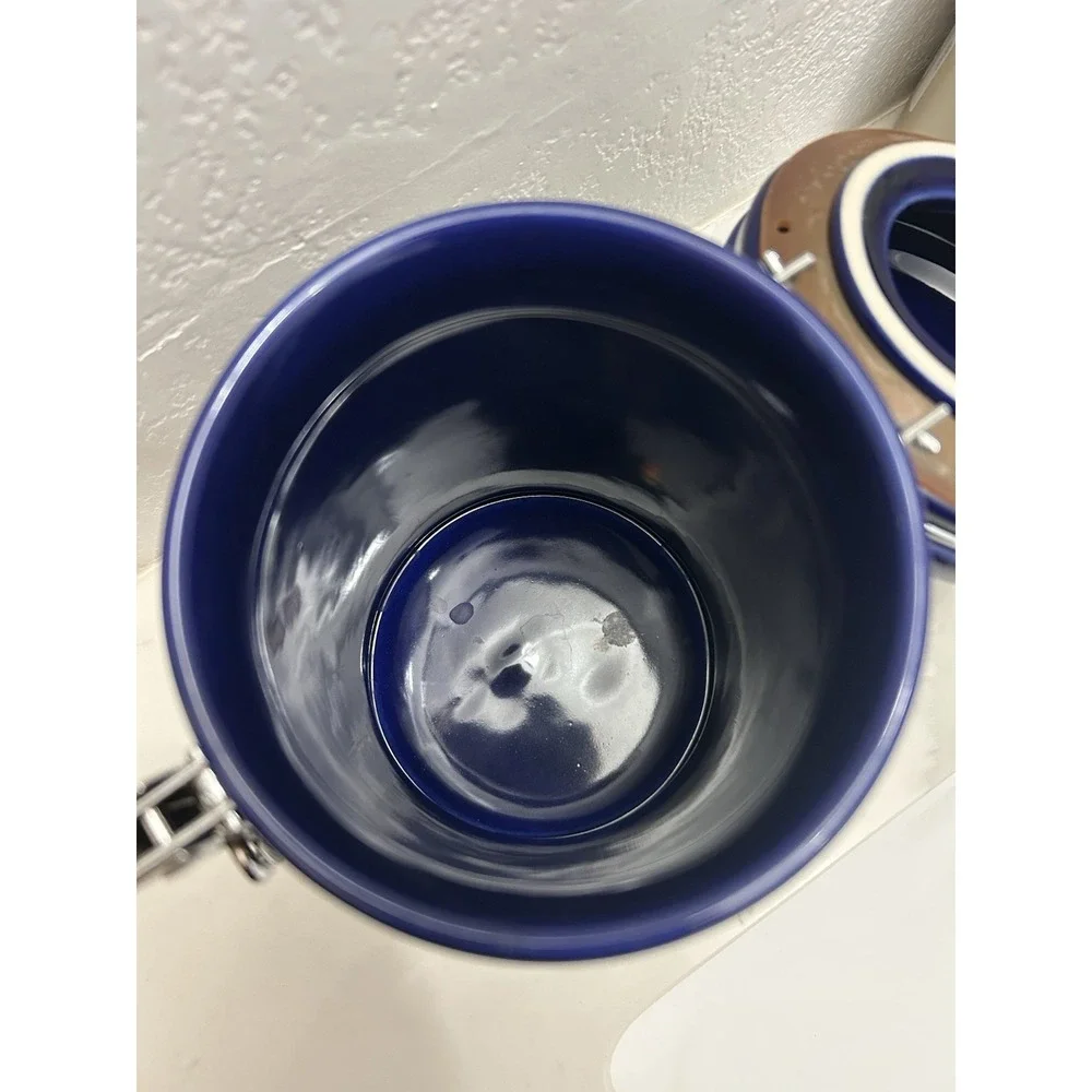 Vintage Cobalt Blue Coffee  Ceramic Canister Stainless Lock Airtight 6.75